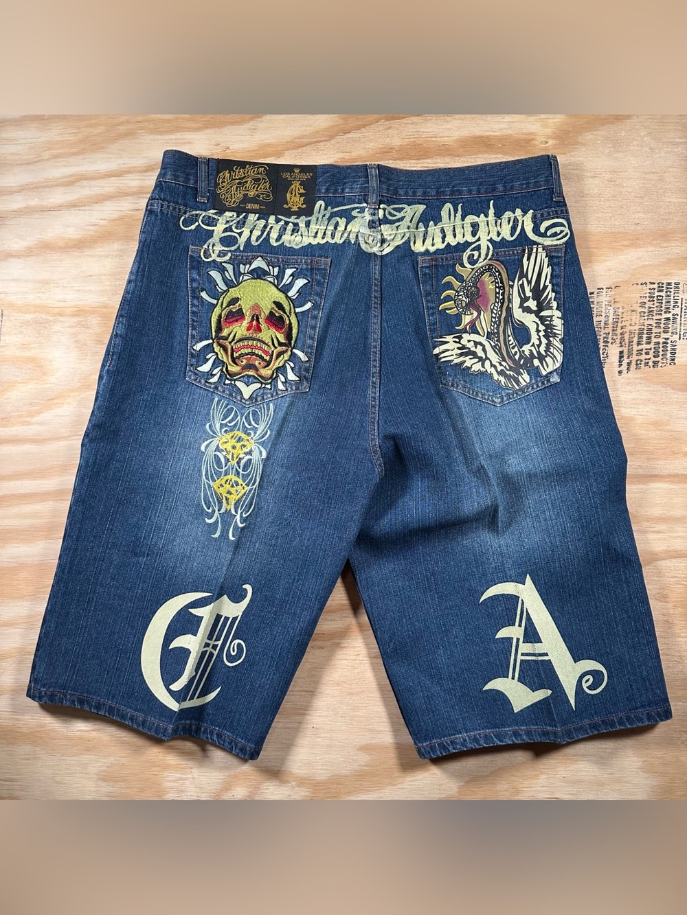 Vintage Christian Audigier Y2K Tattoo Graphic Denim Shorts Size 42